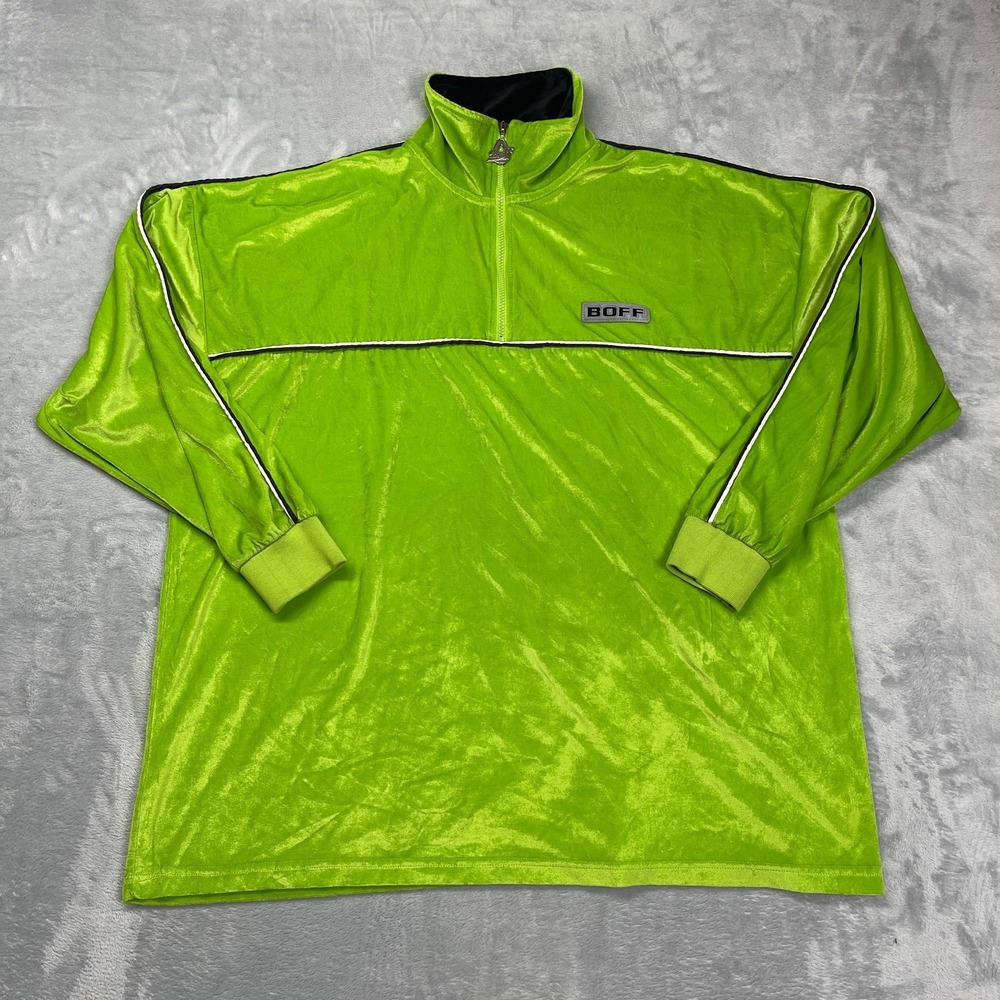 Vtg BOFF 1/4 Zip Pullover Mens XXL Lime Green Patch Logo Long‎ Sleeve Oversized